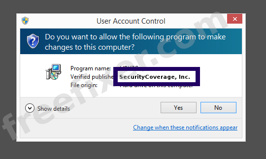 Screenshot where SecurityCoverage, Inc. appears as the verified publisher in the UAC dialog